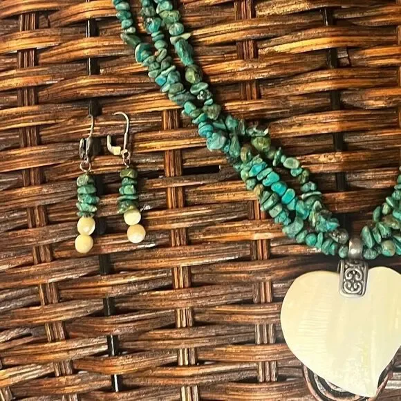 Vtg artisan turquoise coral nugget 3 strand necklace 925 mother of pearl - Picture 7 of 9